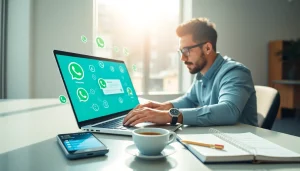 Explore the efficiency of WhatsApp Smart CRM through professional engagement in a modern office.