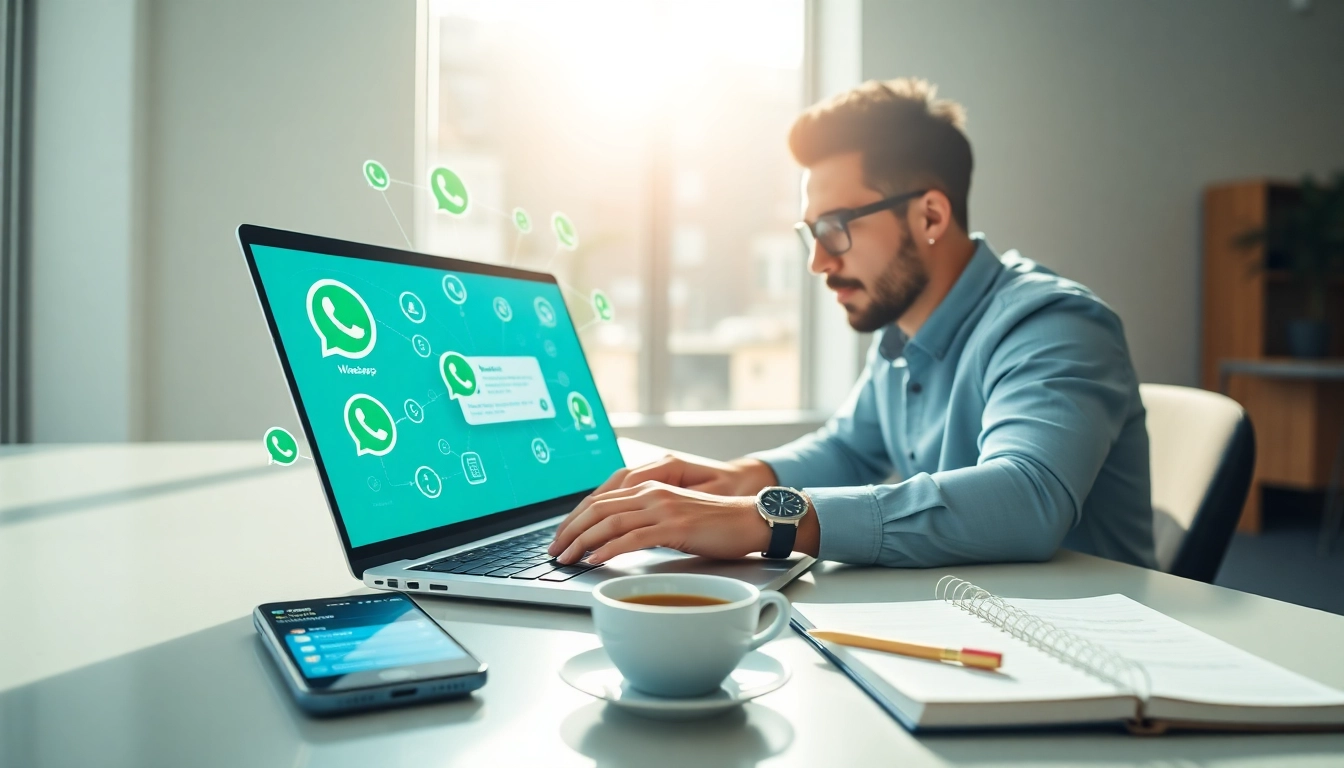 Explore the efficiency of WhatsApp Smart CRM through professional engagement in a modern office.