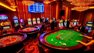 Engaging casino scene at https://shbet.law/, featuring roulette and blackjack tables, vibrant slot machines, and excited players.