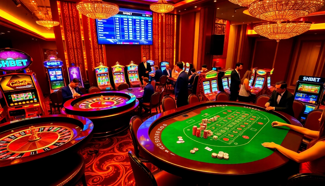 Engaging casino scene at https://shbet.law/, featuring roulette and blackjack tables, vibrant slot machines, and excited players.