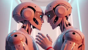 Engaging scene of humanoid robots in a virtual reality romance, exploring ai sex in an innovative setting.