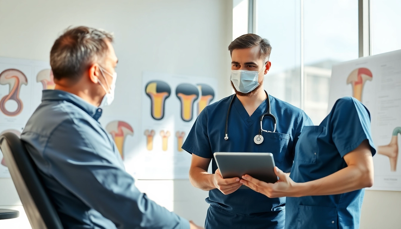 Consultation for hair transplant procedure demonstrating professional surgeon and patient discussion.