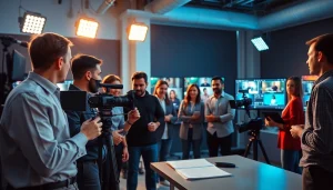 Showcase of corporate video production with a diverse team collaborating in a modern studio