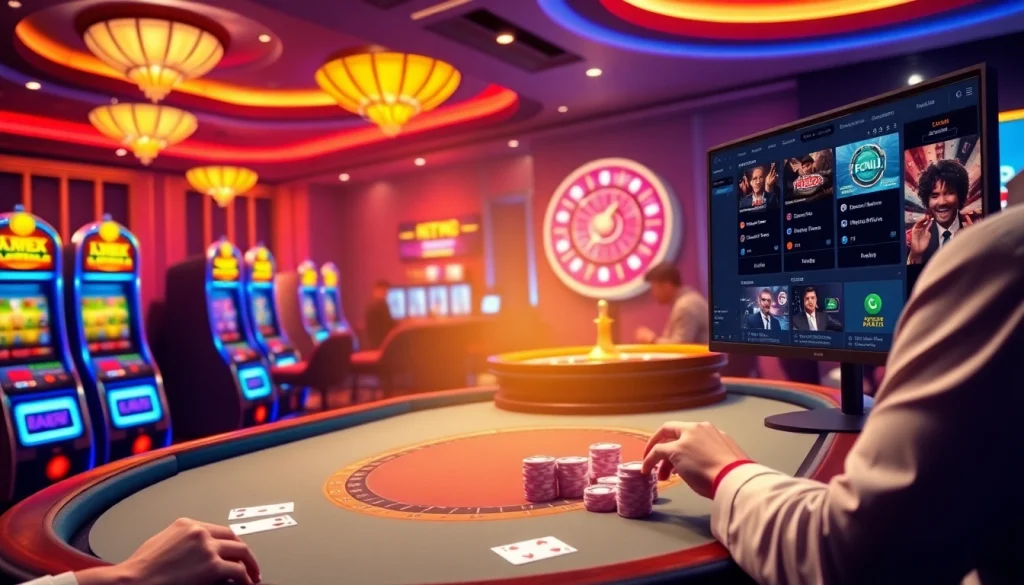 Engage in the thrill of online gaming at https://78win.school/, with a vibrant casino scene featuring poker chips and a roulette wheel.