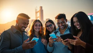 Engage in California sports betting with diverse individuals using mobile apps in a sunny backdrop.