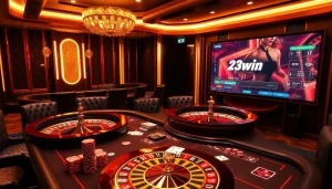 Exciting gaming action at nhà cái 23win with vibrant casino tables and players celebrating wins.