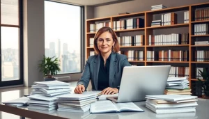 Professional scene of a certified translator engaged in traduzione giurata in a modern office setting.