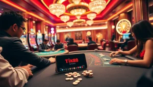 Cảnh chơi cược đầy hứng khởi với ứng dụng Tik88 trên bàn casino được chiếu sáng rực rỡ, các người chơi đang tham gia poker và blackjack.