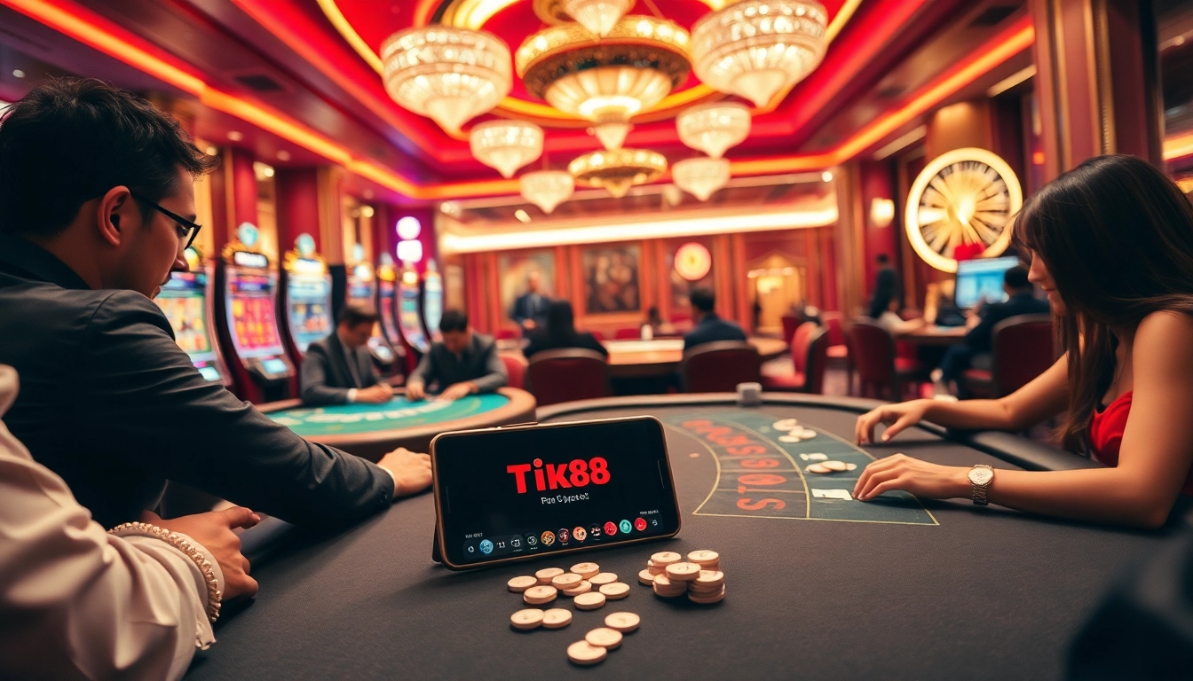 Cảnh chơi cược đầy hứng khởi với ứng dụng Tik88 trên bàn casino được chiếu sáng rực rỡ, các người chơi đang tham gia poker và blackjack.