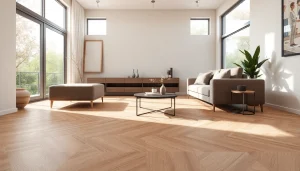 Beau salon mettant en valeur un carrelage imitation parquet, créant une atmosphère accueillante et élégante.