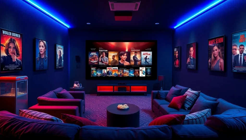 Experience the thrill of filmes noi in a cozy home cinema setting with plush seating and movie posters.