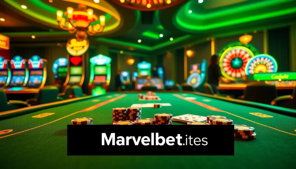 Experience thrilling gaming at Marvelbet.site with a lively poker table and slot machines shining.