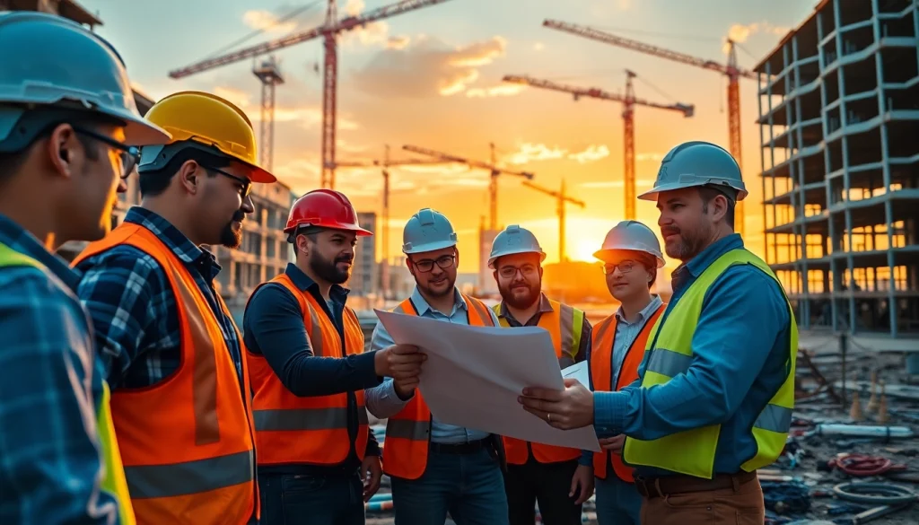 Austin construction team reviewing blueprints at a vibrant construction site.