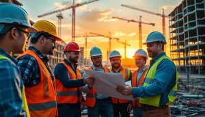 Austin construction team reviewing blueprints at a vibrant construction site.