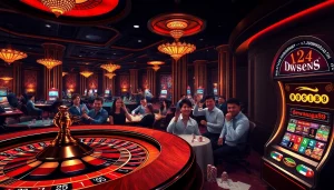 Dewanaga89 menghadirkan sensasi judi dengan suasana kasino yang mendebarkan, dipenuhi para pemain di meja roulette dan mesin slot.