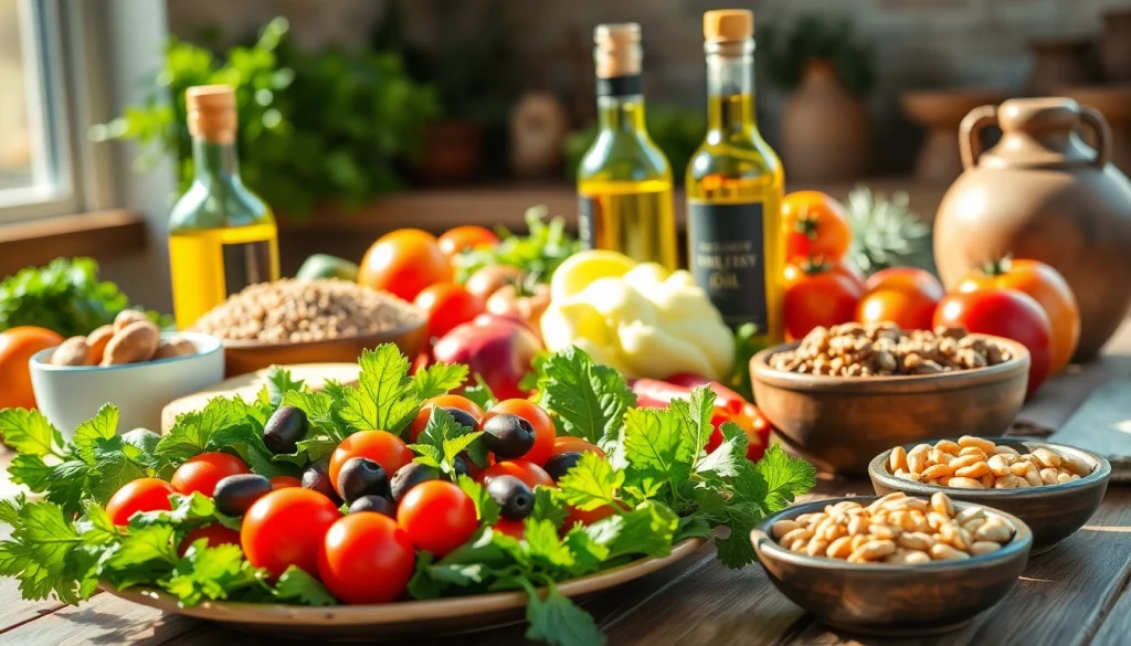 Delicious Mediterranean diet spread showcasing fresh ingredients and vibrant colors.