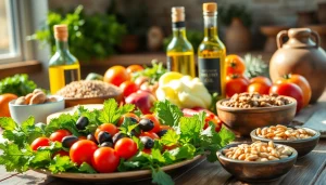 Delicious Mediterranean diet spread showcasing fresh ingredients and vibrant colors.