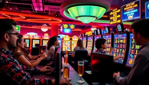 Menggambarkan pengalaman bermain slot deposit 1k dengan pemain yang excited di kasino online.