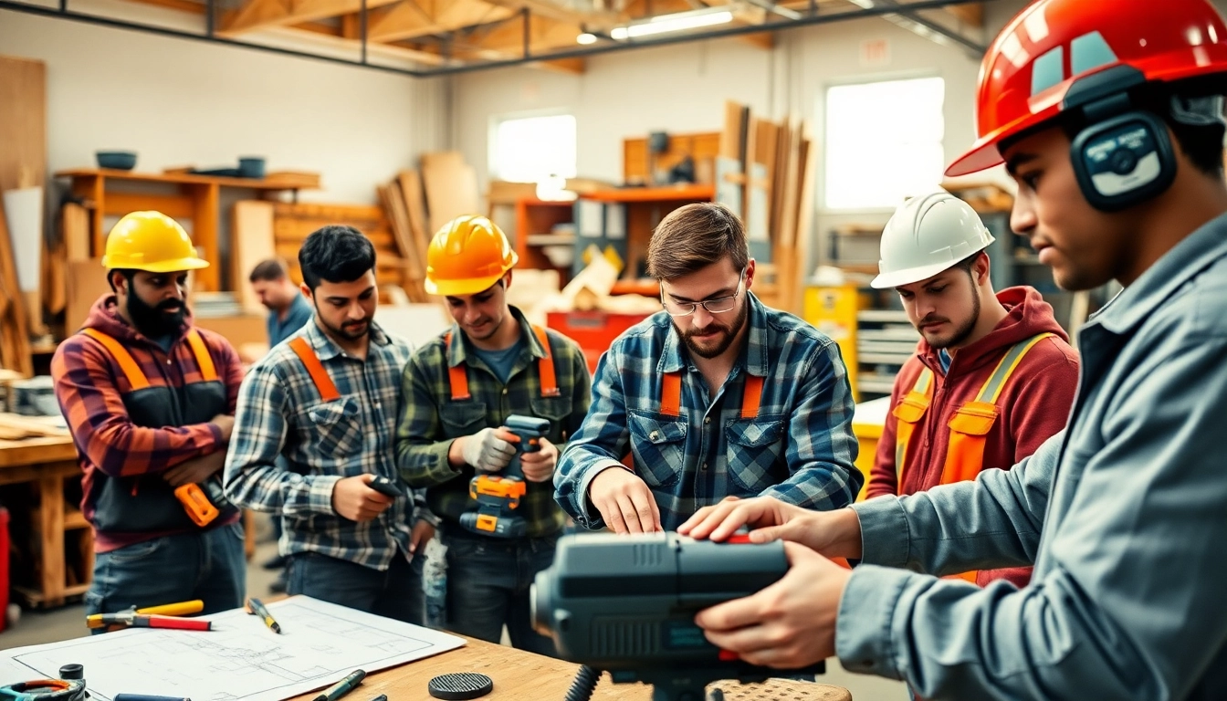 Students learning at construction trade schools in texas, engaging with tools and materials in a professional workshop.