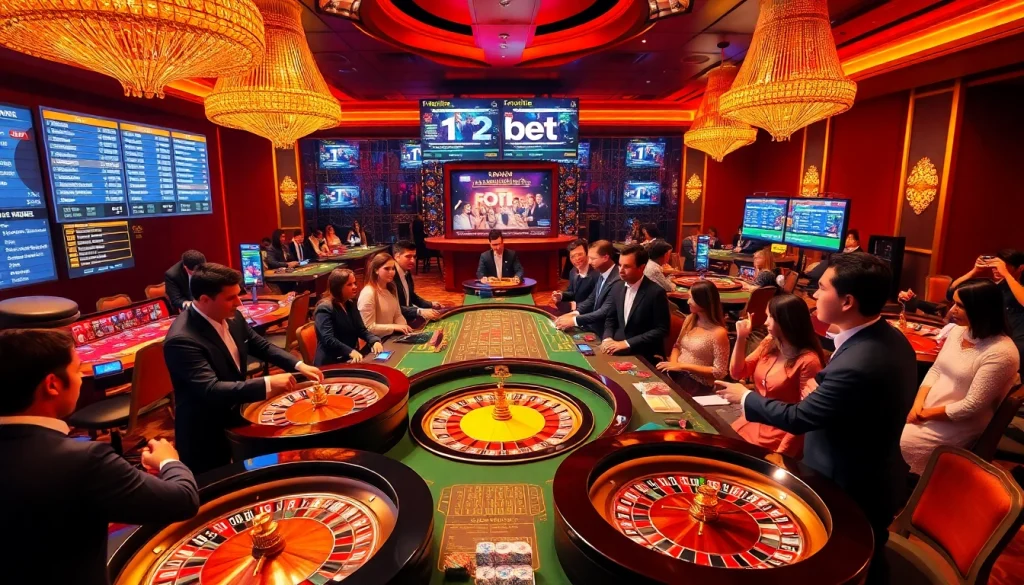 Experience the thrill of gambling with 12bet at a luxurious casino table filled with excitement and colorful chips.
