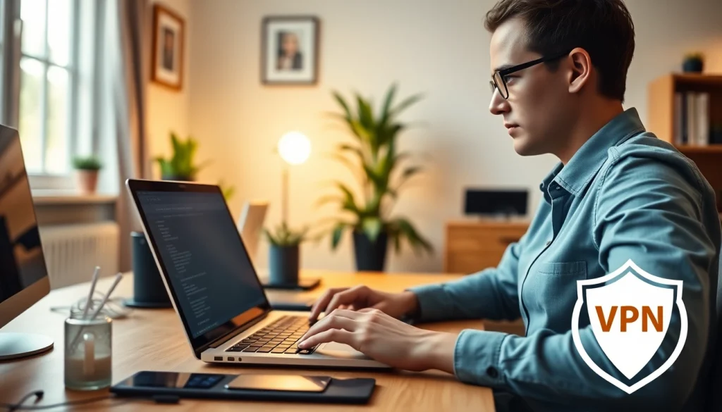 Enhance online security with a vpn in a home office setting featuring modern tech.