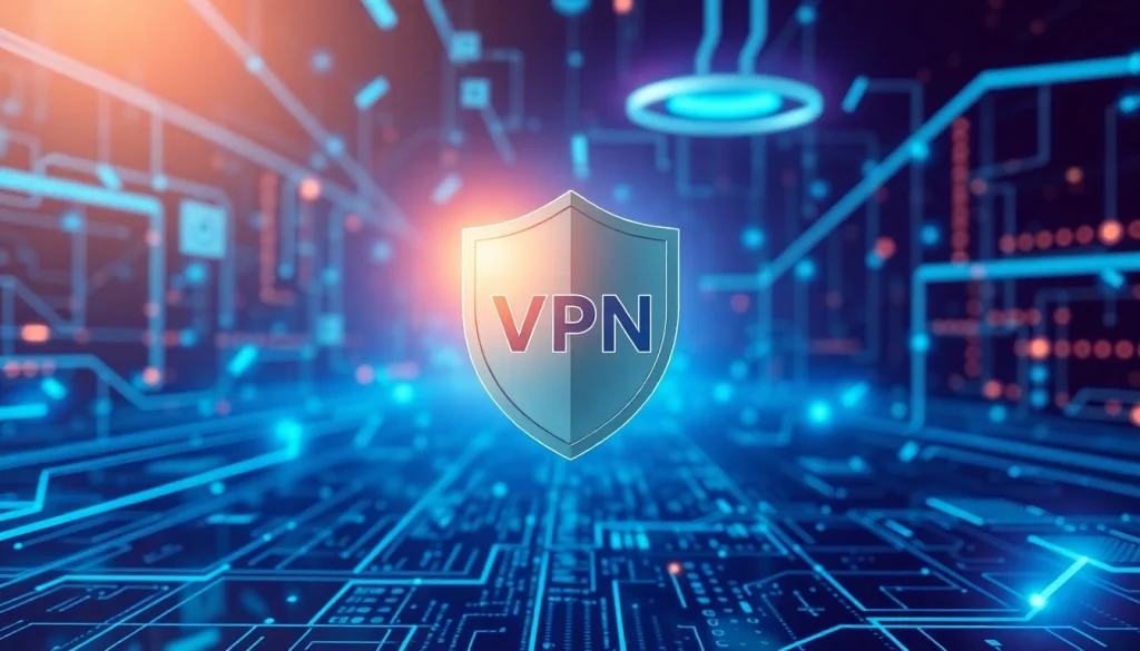 Illustration of a vpn shield protecting digital data in a vibrant, high-tech environment