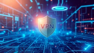 Illustration of a vpn shield protecting digital data in a vibrant, high-tech environment