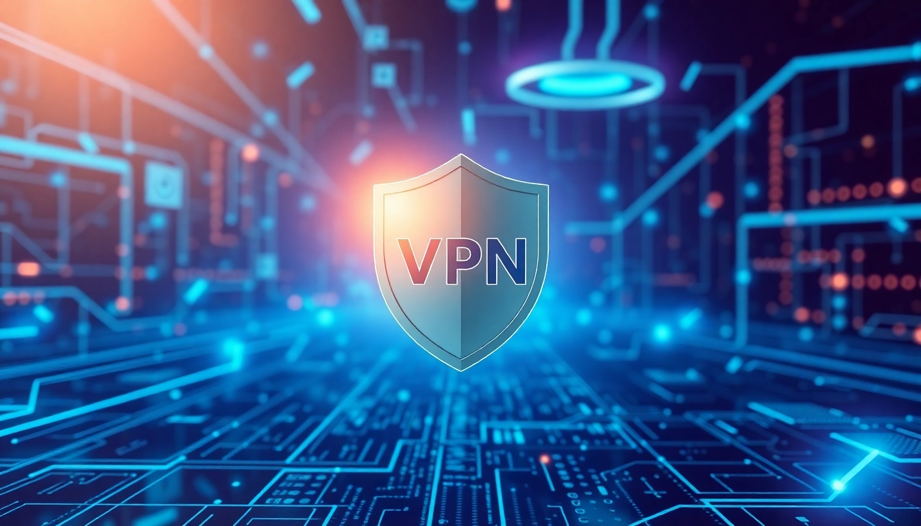 Illustration of a vpn shield protecting digital data in a vibrant, high-tech environment