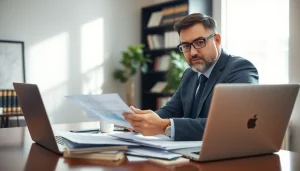 Florida Public Adjuster reviewing insurance documents in a bright, professional office setting.