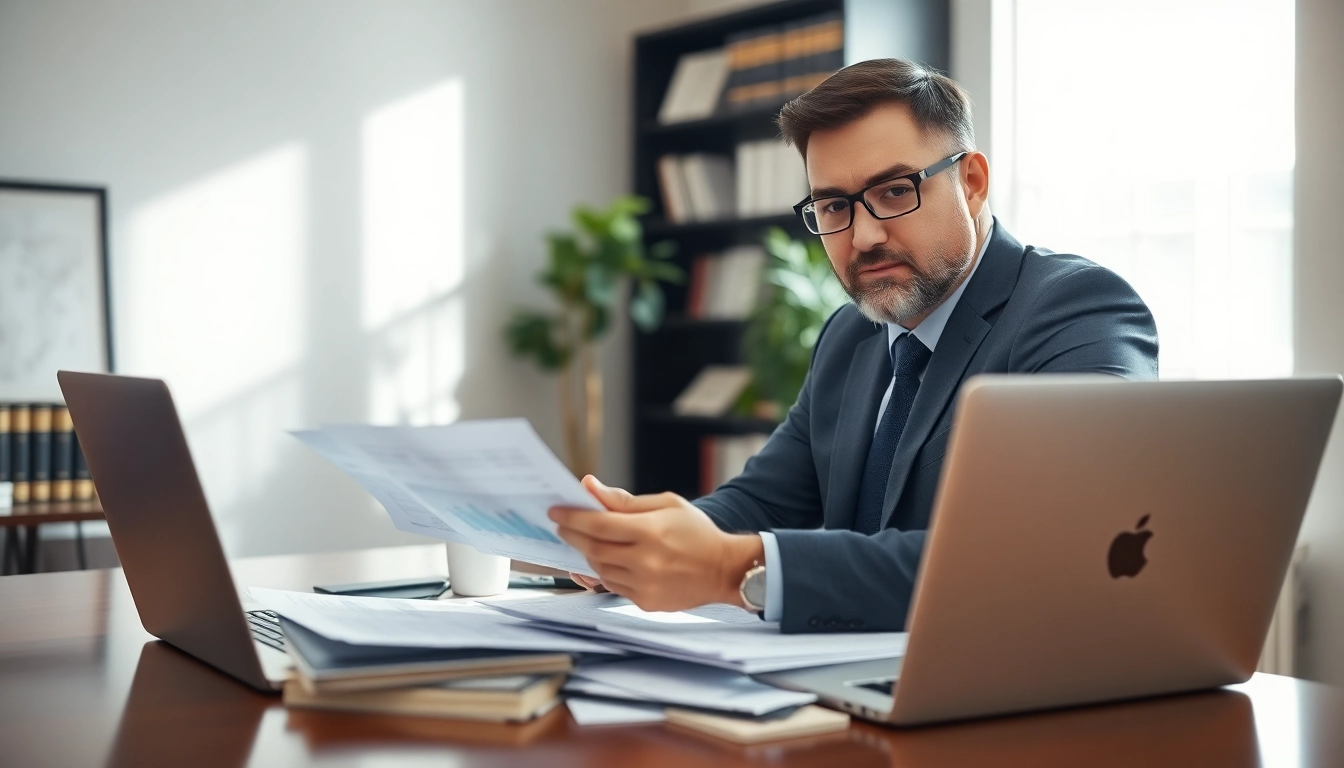 Florida Public Adjuster reviewing insurance documents in a bright, professional office setting.