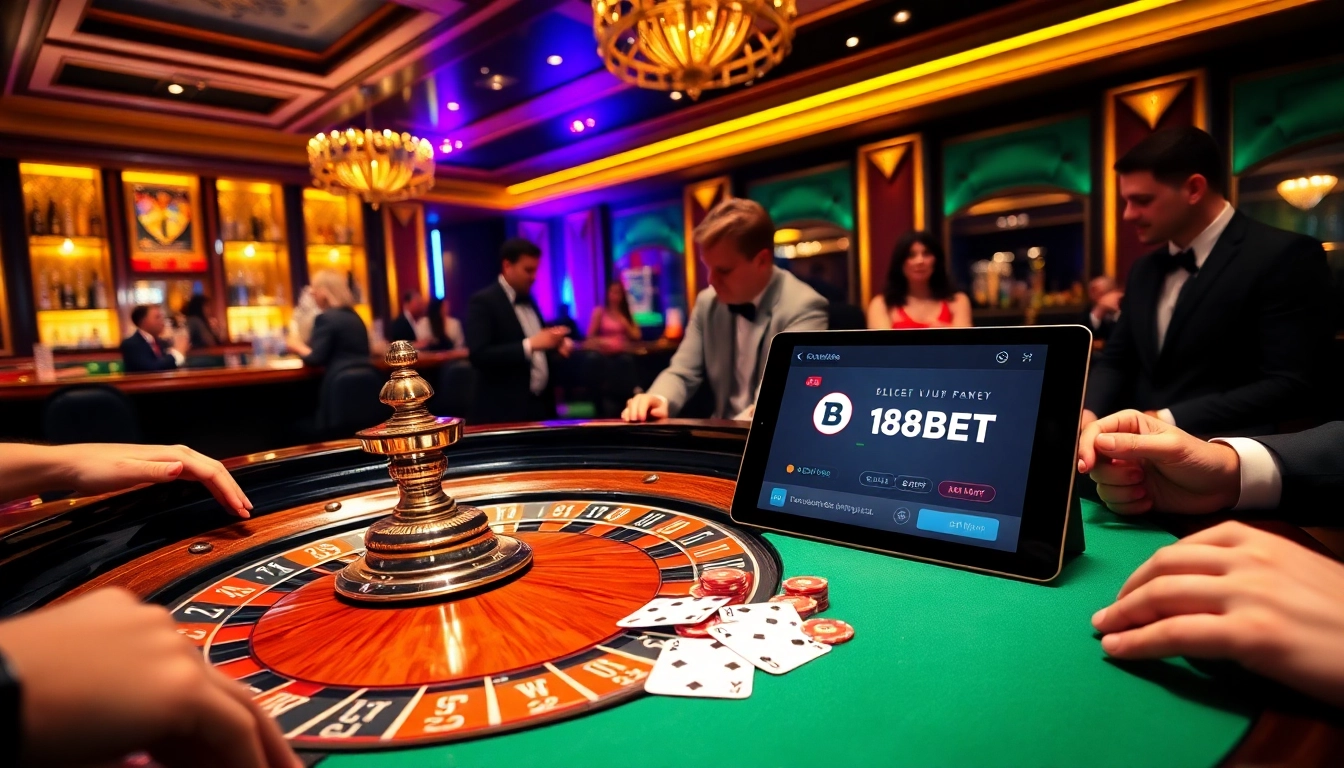 Engaging casino scene with players using link 188bet for online betting.