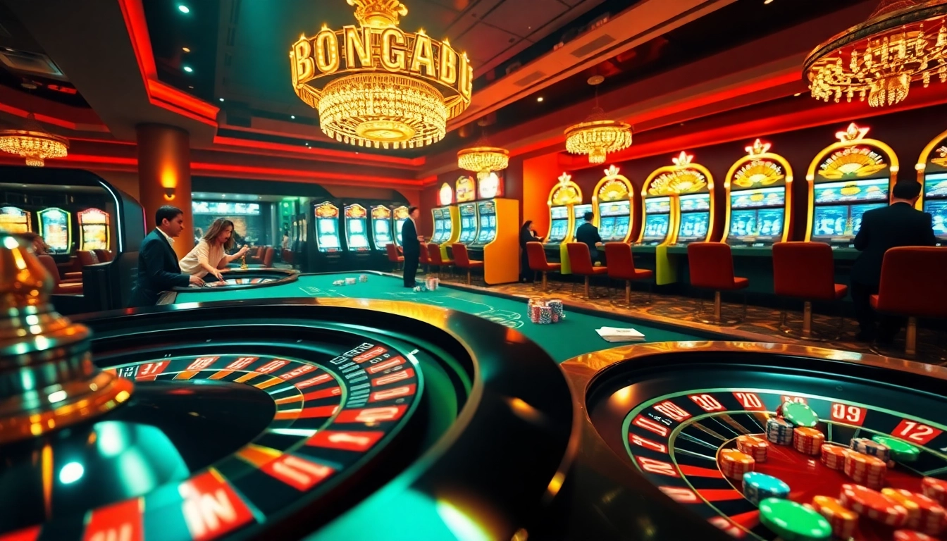 Bongdalu 5 engages players with a dynamic online gambling environment featuring a roulette wheel and poker tables.
