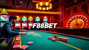 Experience the excitement of F88BET with a luxurious casino table and vibrant slot machines.