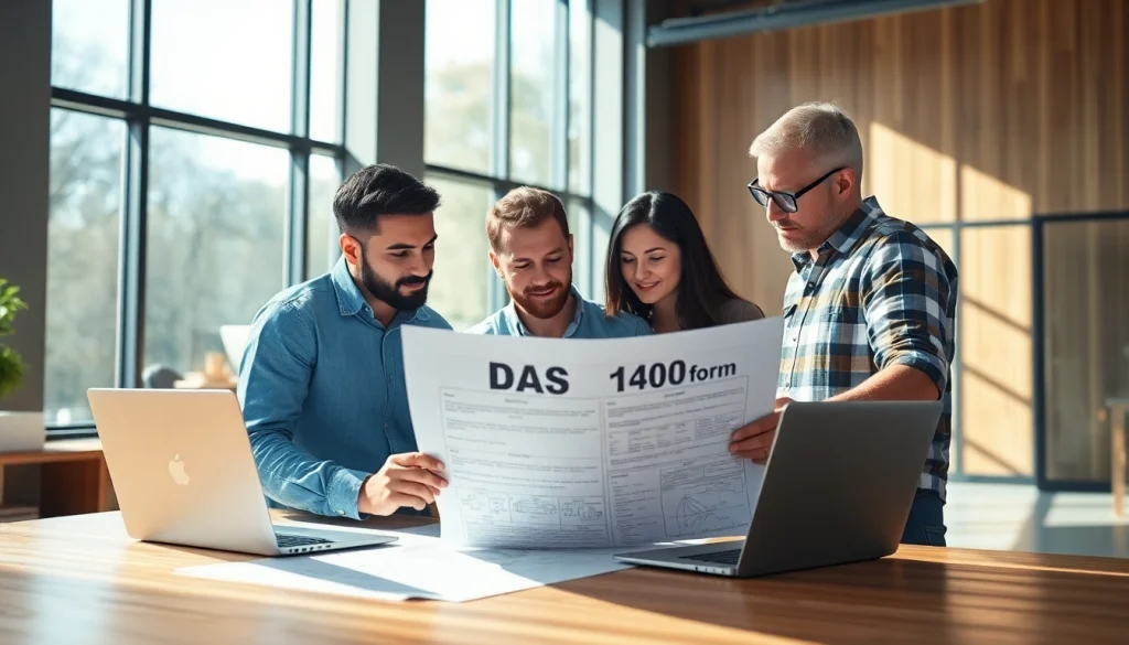 Contractors analyzing the DAS 140 form in a bright, collaborative workspace.