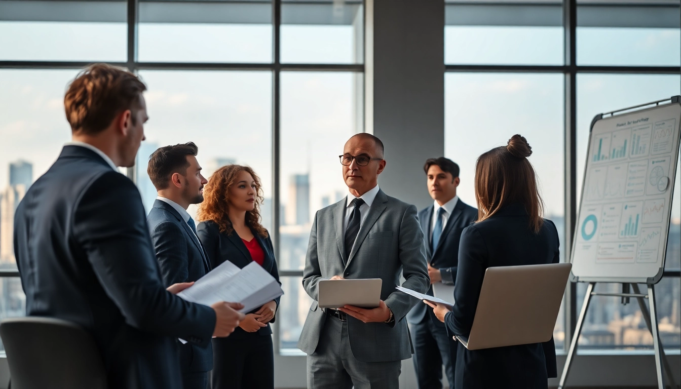 Crisis management consultant leading a strategic discussion in a modern office.