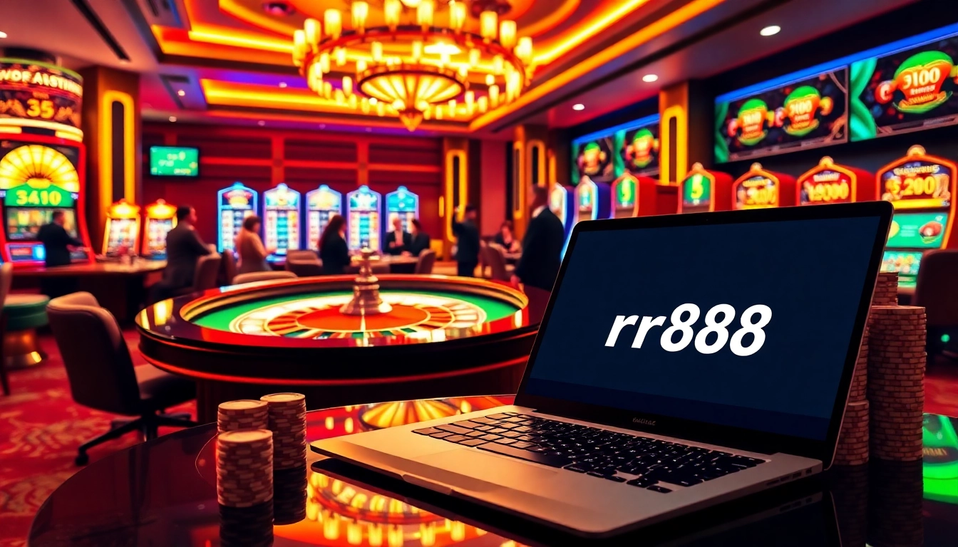 Engage with the rr88 link on a luxurious casino table, filled with poker chips and a vibrant roulette wheel.