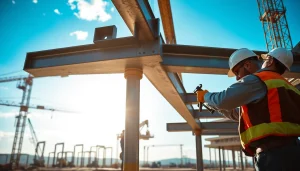 Workers performing structural steel installation with precision at a bright construction site.