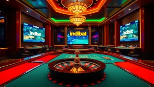 Indibat online betting scene featuring vibrant casino tables and sports betting interfaces.
