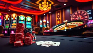A vibrant casino scene featuring agen toto slot machines, poker chips, and a roulette wheel in action.