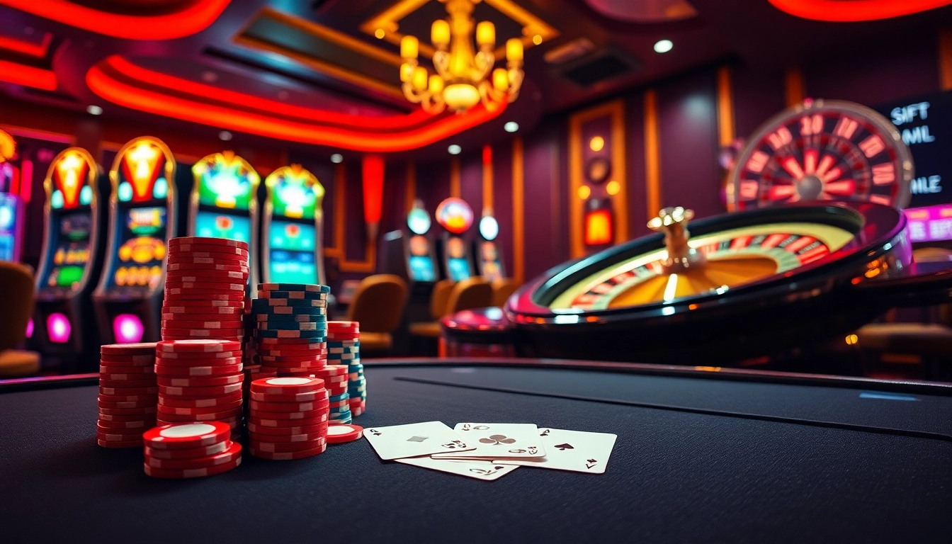 A vibrant casino scene featuring agen toto slot machines, poker chips, and a roulette wheel in action.