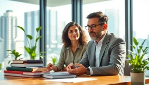 An environmental lawyer consulting a client in her modern office, showcasing expertise and professionalism.
