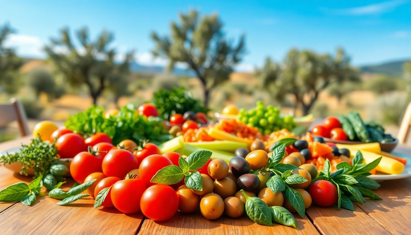 Discover the Mediterranean diet through a vibrant spread of fresh ingredients and dishes.