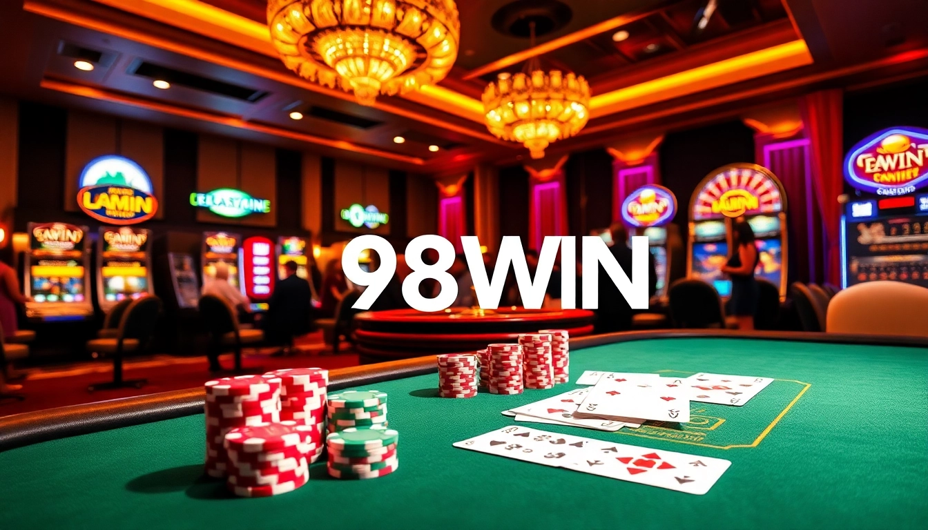 Gamblers enjoying a thrilling moment at the 98WIN poker table in a luxurious casino ambiance.