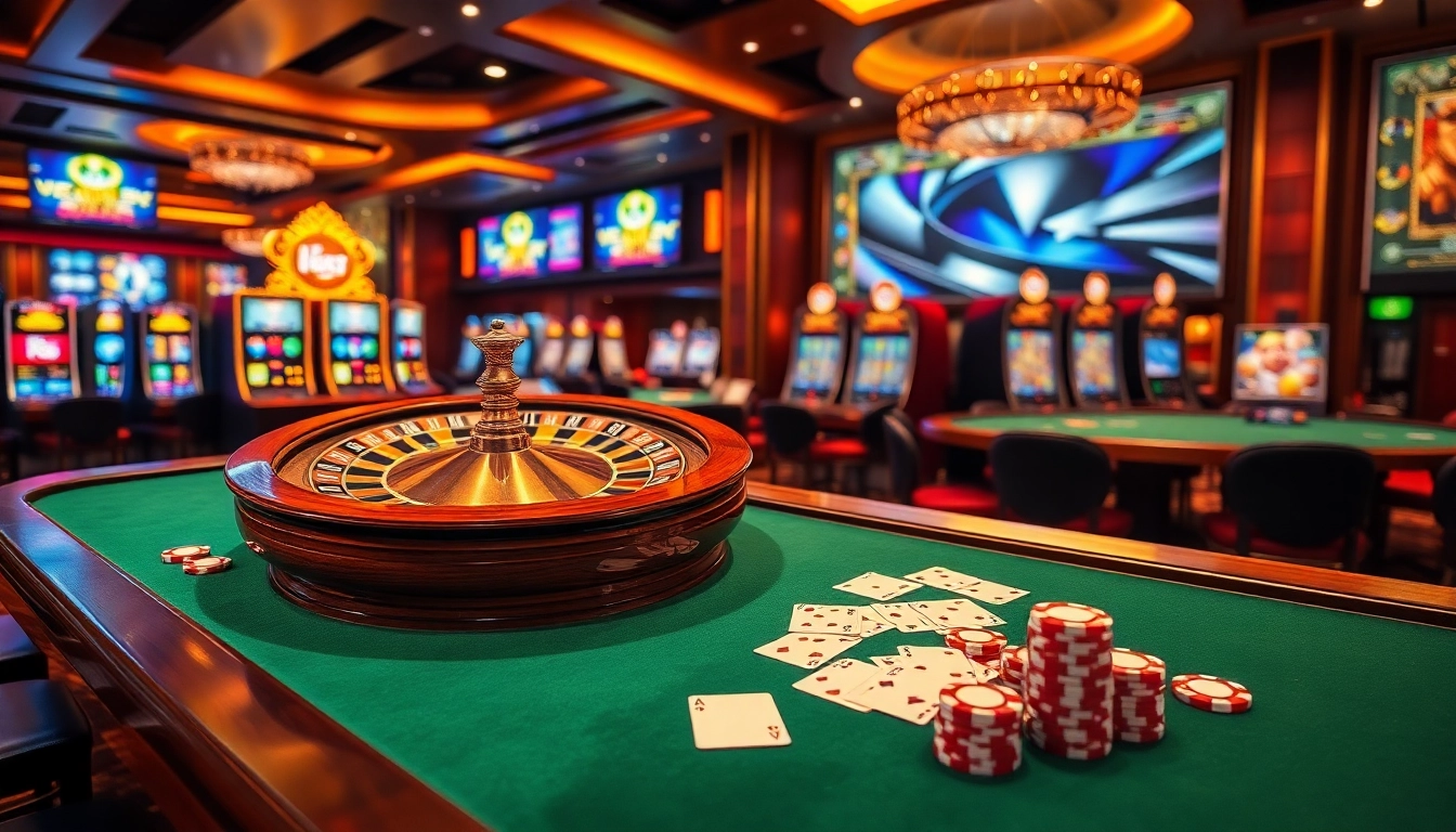 Experience the excitement of good88 with a vibrant casino scene featuring roulette, poker tables, and slot machines.