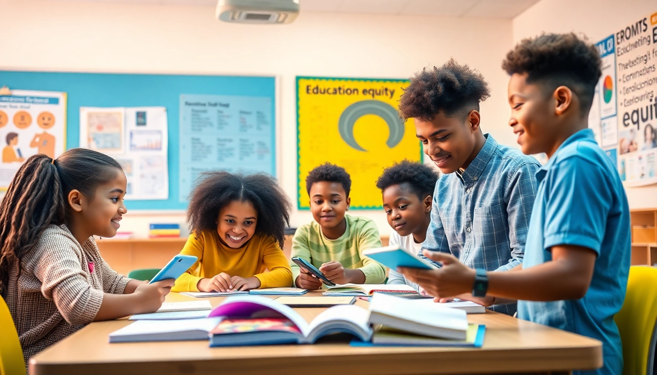 Education scene showcasing diverse students collaborating and learning in an equitable environment.