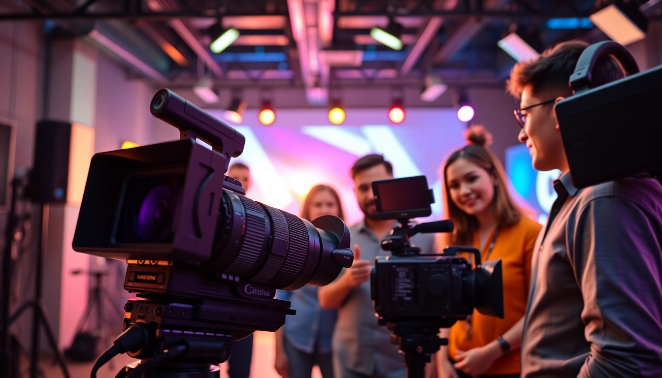 Engaged team at a video production agency creating high-quality content in a modern studio.
