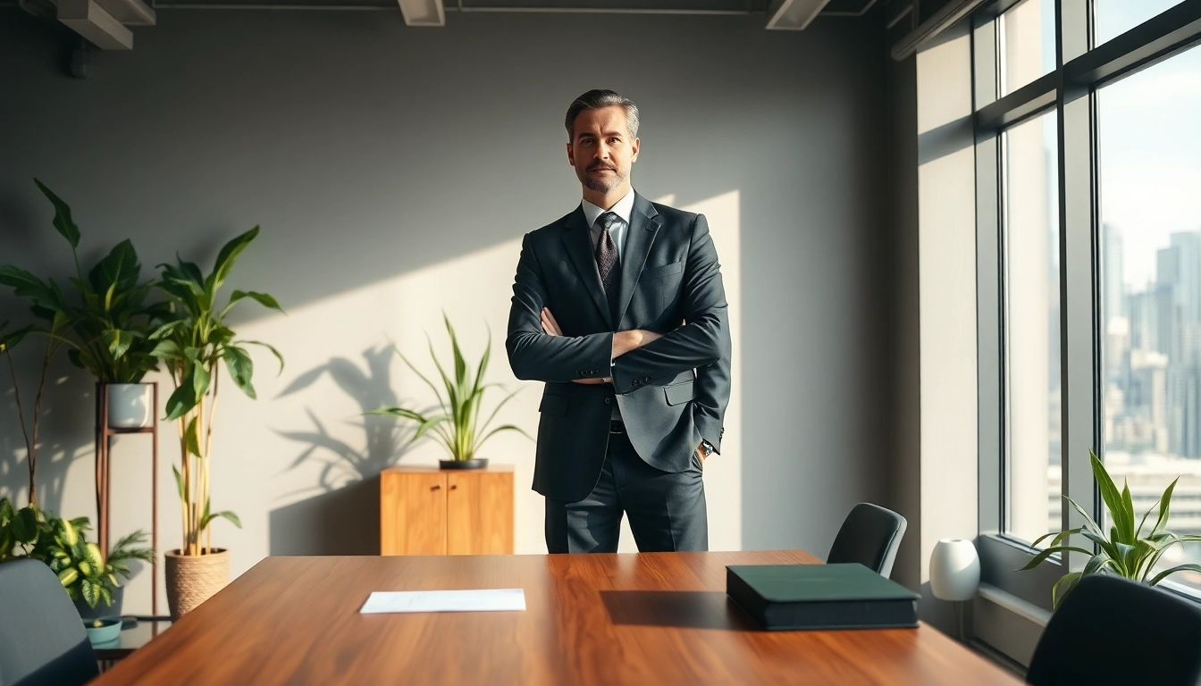 Engaged environmental lawyer reviewing documents in an office with green elements.