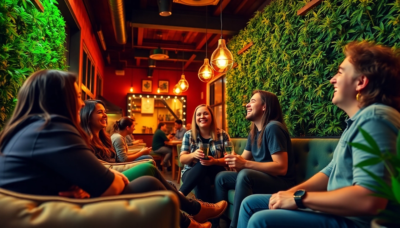 Enjoying a vibrant atmosphere at the Weed Club Lloret De Mar, surrounded by friends and greenery.