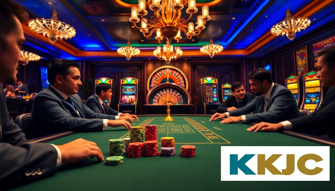 KJC poker players engaged in high-stakes gambling within a luxurious casino ambiance.