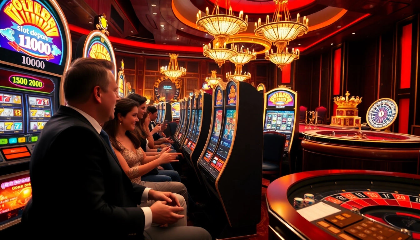 Rasakan sensasi Slot Depo 1000 bersama pemain di mesin slot kasino yang penuh warna.